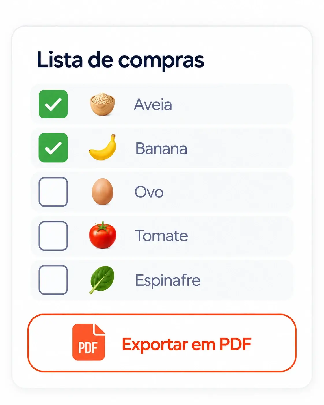 Lista de compras com aveia e banana marcadas, ovo, tomate e espinafre, e opção de exportar em PDF.